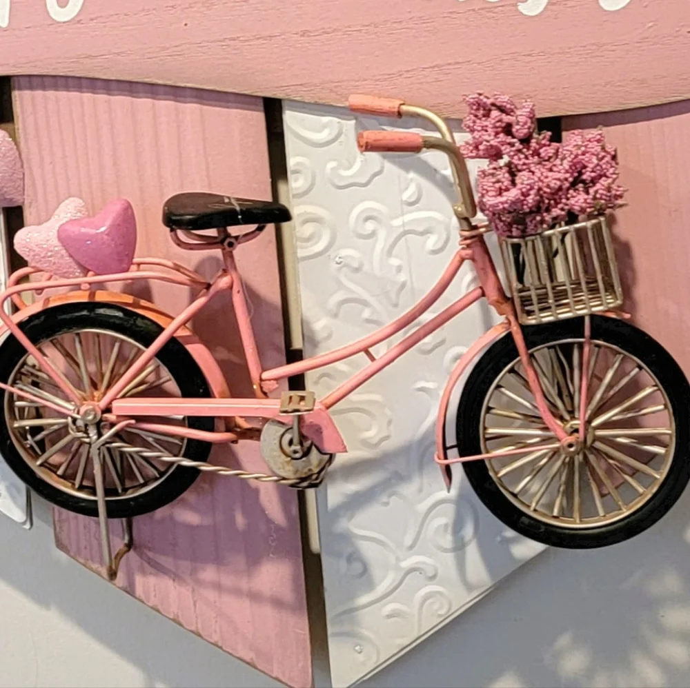 Valentine's Day Bike Adventure Plaque Wall Decor Wreath Pink Wood Tin - Picture 3 of 4